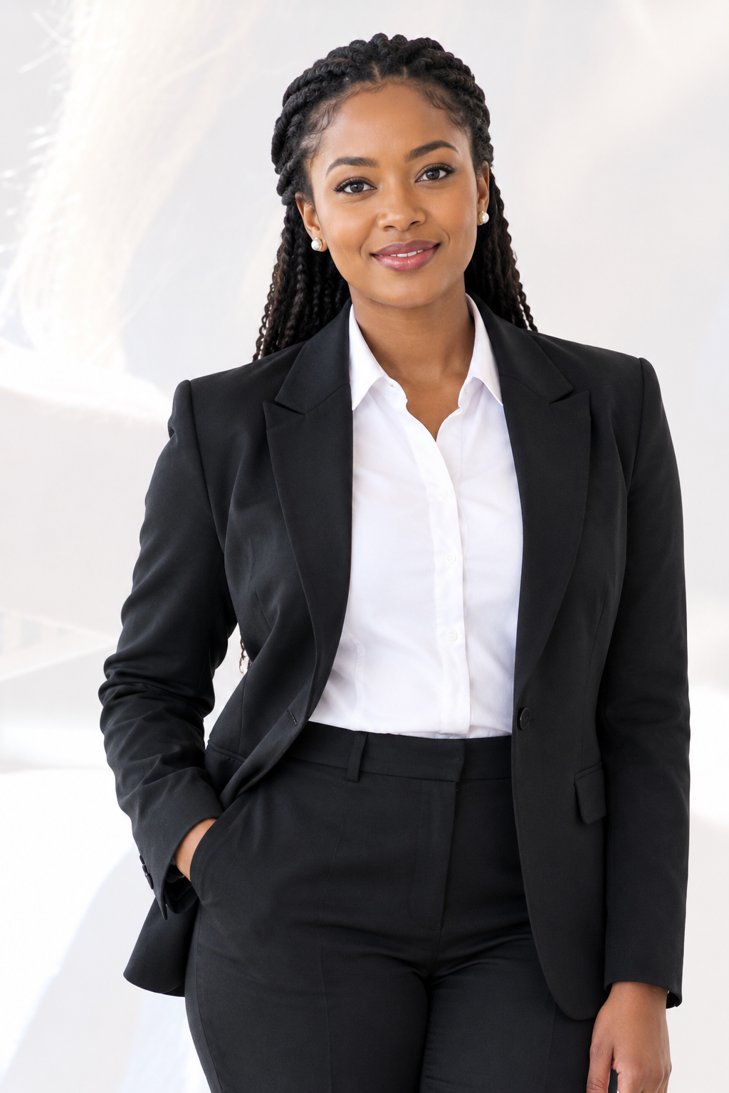 Smiling Black professional woman with braids in a black suit and white shirt